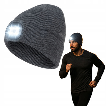 ZIMOWA CZAPKA Z LATARKĄ LED czołówka robocza do biegania z lampką szara