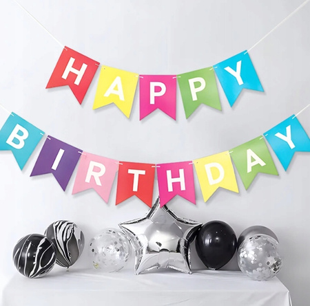 Baner urodzinowy HAPPY BIRTHDAY kolorowy flagi dekoracja girlanda