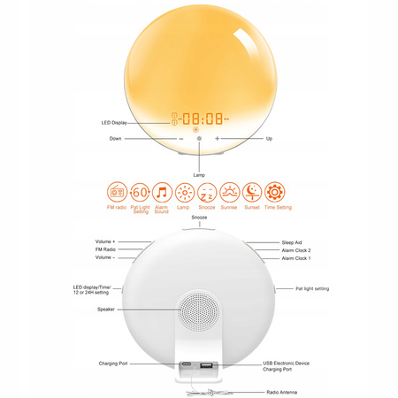 Zegar budzik symulacja wschodu słońca zdrowe budzenie wiele kolorów FM