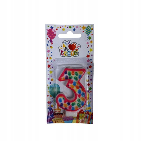 ŚWIECZKA URODZINOWA NA TORT w kształcie cyfry 3 kolorowa 7cm