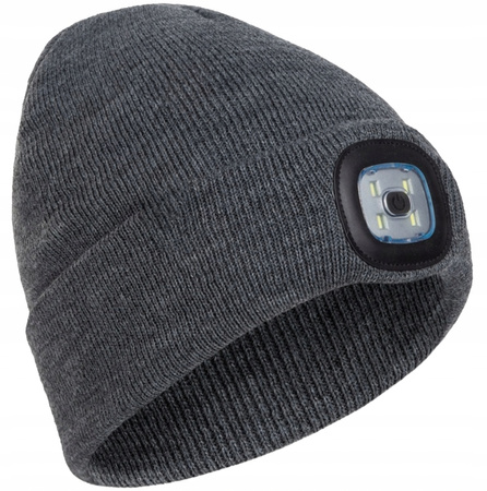 ZIMOWA CZAPKA Z LATARKĄ LED czołówka robocza do biegania z lampką szara