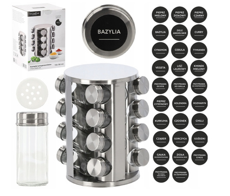 PRZYPRAWNIK SREBRNY 16 SŁOICZKÓW z naklejkami elegancki prezent organizer