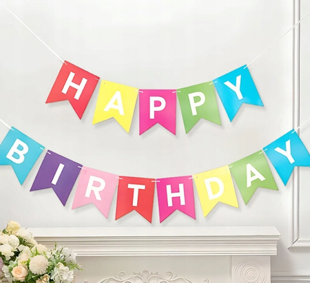 Baner urodzinowy HAPPY BIRTHDAY kolorowy flagi dekoracja girlanda