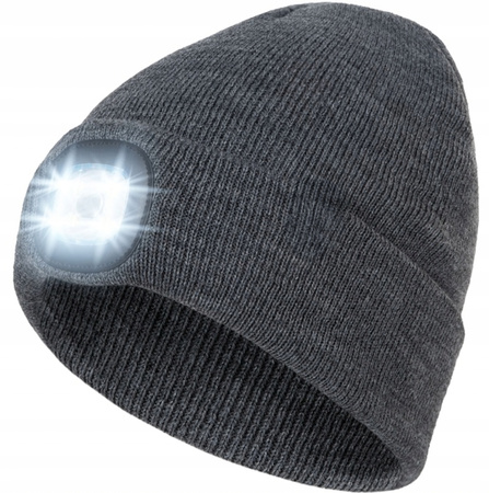 ZIMOWA CZAPKA Z LATARKĄ LED czołówka robocza do biegania z lampką szara