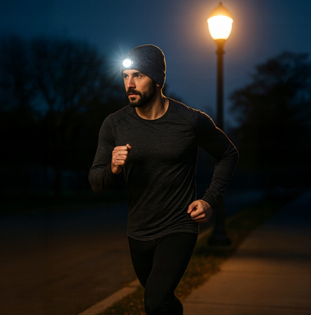 ZIMOWA CZAPKA Z LATARKĄ LED czołówka robocza do biegania z lampką szara