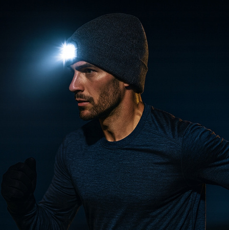ZIMOWA CZAPKA Z LATARKĄ LED czołówka robocza do biegania z lampką szara