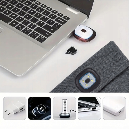 ZIMOWA CZAPKA Z LATARKĄ LED czołówka robocza do biegania z lampką szara